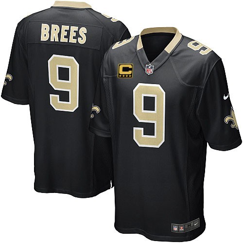 Youth Elite Drew Brees C Patch Nike Jersey Black Home - #9 NFL New Orleans Saints